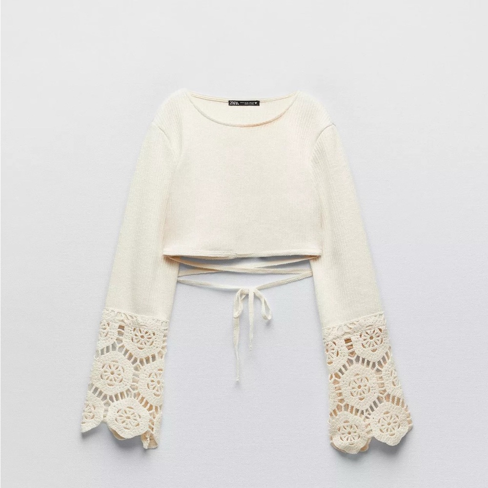 Zara Cream Lace Bell Sleeve Crop Top